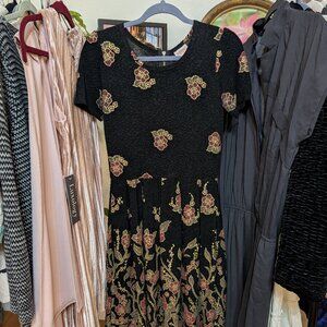 LuLaRoe Nicole Skater Dress, Black Gold Floral Textured Jacquard Size M